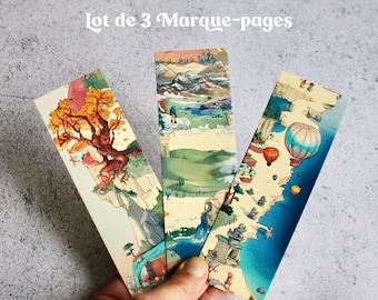 Lote 3 marcapáginas · Ilustraciones de Acantilados, Cascadas, Montañas y Globos Aerostáticos · Mundo mágico