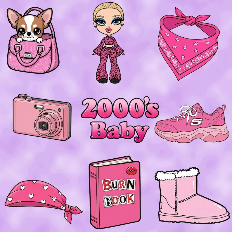 May include: A collection of pink items with a 2000's theme. Includes a chihuahua in a purse, a doll, a bandana, a digital camera, a sneaker, a book with the text "BURN BOOK", and a pair of boots. The text "2000's Baby" is also present.