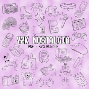 May include: A collection of Y2K nostalgia illustrations in line art style. The image features a boombox, roller skates, a games controller, a cap, a choker, a flip phone, a slinky, a bandana, a TV, a Game Boy, a microphone, a cassette tape, and a computer.