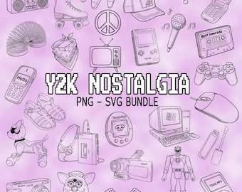 Y2K Aesthetic Line art Bundle, 2000s Clipart, Retro Sublimation Designs, 90s SVG Pack, Millennial Nostalgia, Printable Stickers