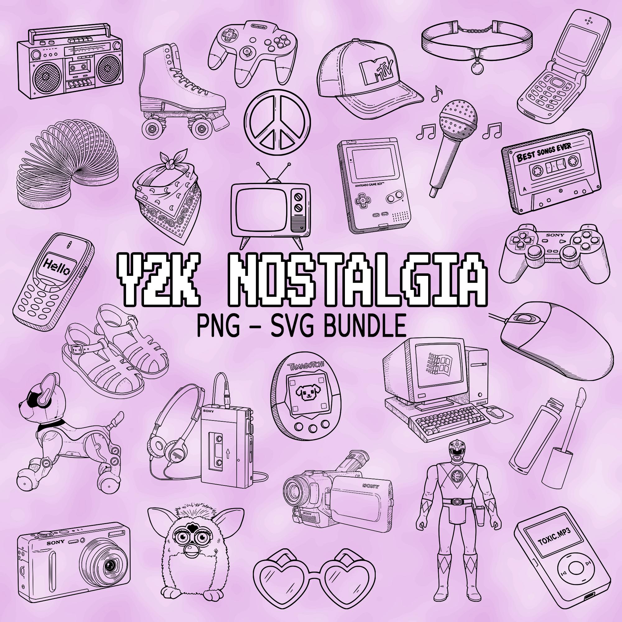 Y2K Aesthetic Line Art Bundle, 2000s Clipart, Retro Sublimation