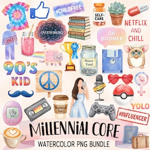 Millennial Aesthetic PNG Bundle, Aquarell Clipart, Retro Sublimationsdesigns, Y2K und 90er Jahre Nostalgie, Millennial Core, bedruckbare Aufkleber