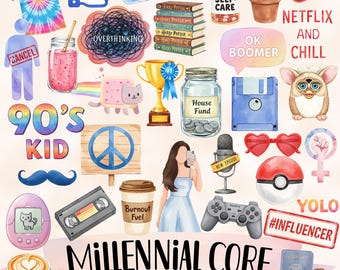 Millennial Aesthetic PNG Bundle, Watercolor Clipart, Retro Sublimation Designs, Y2K and 90s nostalgia, Millennial Core, Printable Stickers