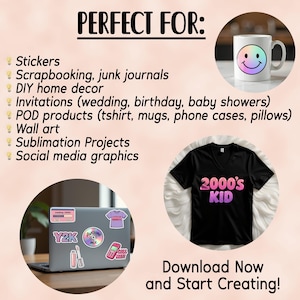 K&ouml;nnte beinhalten: Ein digitales Design mit verschiedenen Grafiken zum Thema 2000er Jahre, darunter ein Laptop mit Aufklebern, ein T-Shirt mit dem Text "2000's Kid" und eine Tasse mit einem Smiley. Der Text "PERFECT FOR" wird &uuml;ber einer Liste von Verwendungszwecken f&uuml;r die Designs angezeigt, darunter Aufkleber, Scrapbooking, Junk Journals, DIY-Heimdekoration, Einladungen, POD-Produkte, Wandkunst, Sublimations-Projekte und Social-Media-Grafiken. Der Text "Download Now and Start Creating!" wird am unteren Rand des Bildes angezeigt.