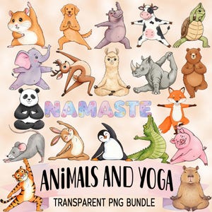 Paquete de imágenes prediseñadas de animales de acuarela haciendo yoga - Imágenes PNG de animales lindos para manualidades infantiles - Diseños PNG de yoga y pilates - Pegatinas motivacionales de animales