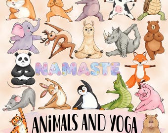 Clipartbundel aquarel dieren yoga doen - schattige dieren png's voor kinderen knutselen - yoga en pilates png-ontwerpen - motiverende dierenstickers