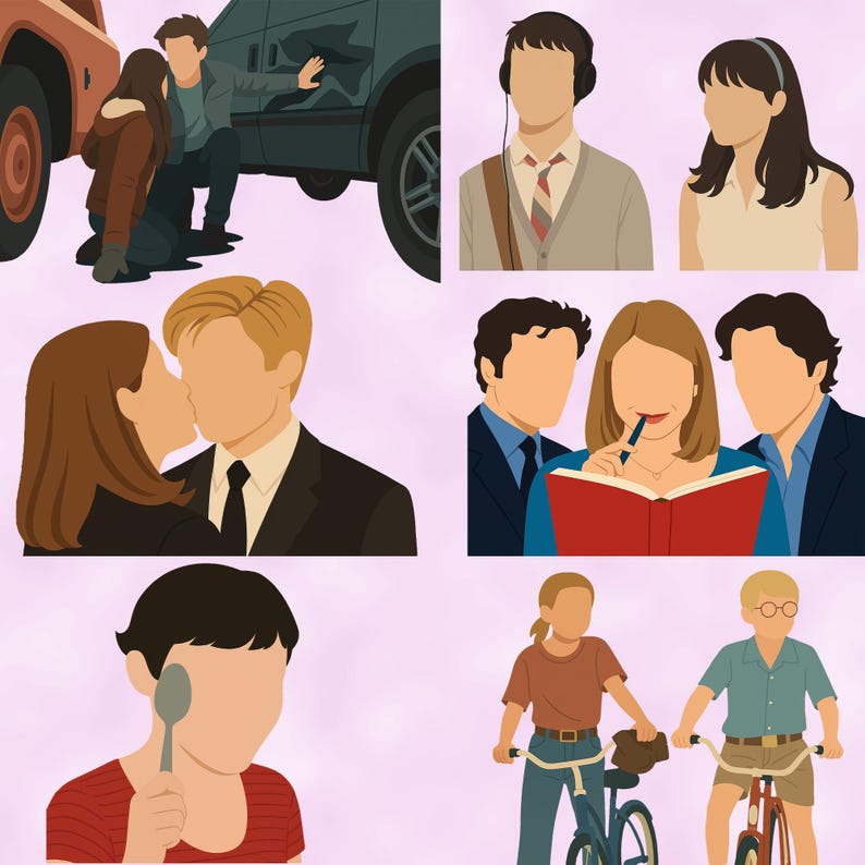 Clipart romantische filmscènes - minimalistische romcom-personages sublimatie png-ontwerpen - anonieme clipart - bundel beroemde filmparen afbeelding 4