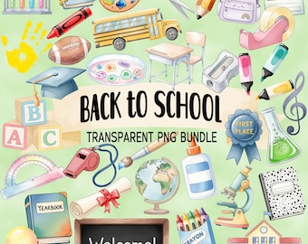 May include: A collection of watercolor illustrations with a school theme. Includes a yellow school bus, pencils, a backpack, a desk, a chalkboard with "Welcome!", and other school supplies. The text "BACK TO SCHOOL" is also present.