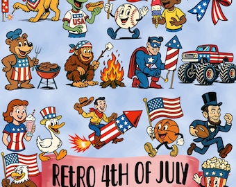 May include: A collection of retro-style illustrations featuring patriotic themes. Includes cartoon characters like a dog, alien, bear, and superhero, each celebrating the 4th of July with flags, fireworks, and food. The text "Retro 4th of July" is displayed on a banner.