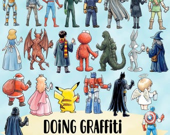 Iconische popcultuur Personages die graffiti maken Bundel - Populaire onderwerpen PNG-ontwerpen - Beroemde filmhoofdpersoon - Aquarelfilmhelden