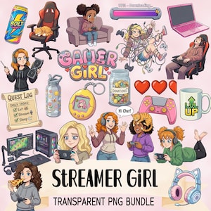 May include: A digital illustration with gaming themes, including a pink laptop, game controllers, and a mug with "Lvl Up" text. The image also features a water bottle, a jar labeled "Donations", and the text "Gamer Girl" and "Streamer Girl".