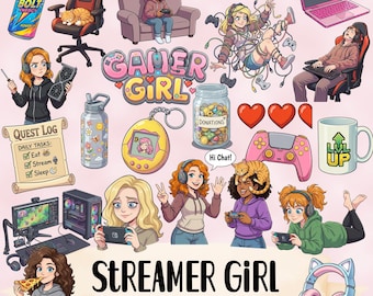 Bundel streamermeisje, clipart vrouw gamer, videogamesublimatieontwerpen, gaming-png-pakket, afdrukbare stickers