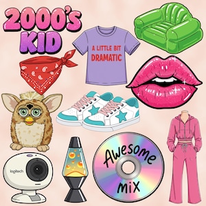 K&ouml;nnte beinhalten: Eine Sammlung von Stickern zum Thema der 2000er Jahre mit einem pelzigen braunen Furby-Spielzeug, einem Paar wei&szlig;er Sneaker mit blauen Akzenten, einem roten Bandana, einem lila T-Shirt mit dem Text "A Little Bit Dramatic", einem rosa Hoodie und einer passenden Jogginghose, einem gr&uuml;nen aufblasbaren Sofa, einem pinkfarbenen Glitzer-Lippensticker, einer Lavalampe und einer holografischen CD mit dem Text "Awesome Mix".