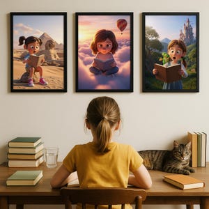 May include: Three framed art prints showing cartoon girls reading books in various settings: near the pyramids, in the clouds with a hot air balloon, and near a castle. A girl with a ponytail sits at a wooden desk, facing the prints. A cat rests on the desk.