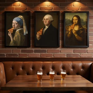 Famous paintings eating pizza, restaurant wall art bundle - Printable Pizzeria decor - Classic portraits for home decor - Kitchen wall art