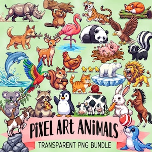 Op de afbeelding: Een verzameling pixel art dierenillustraties, waaronder een neushoorn, tijger, vos, panda, adelaar, varken, stinkdier, dolfijn, hert, kip, ijsbeer, leeuw, papegaai, eekhoorn, kat, konijn, paard en zeehond. De tekst "PIXEL ART ANIMALS" is zichtbaar.