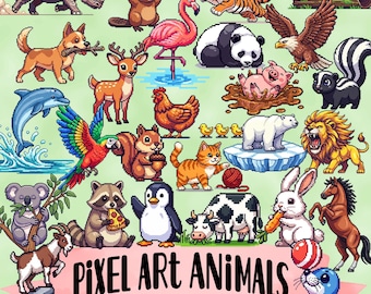Bundel met pixelart-dieren: 44 retrogame-png-afbeeldingsontwerpen (digitale download)