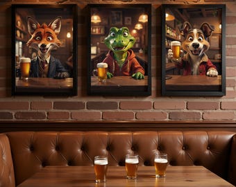 Bundel dieren die bier drinken voor barkunst aan de muur - Restaurantinrichting - Bundel schattige dieren - Afdrukbare woondecoratie - Funny Man Cave Art