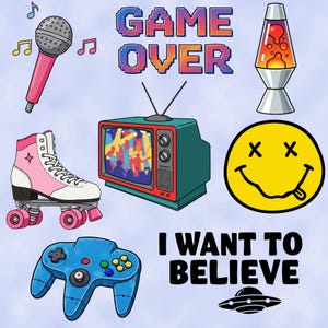 K&ouml;nnte beinhalten: Eine Sammlung von neun Illustrationen im Retro-Stil, darunter ein Mikrofon, eine Lavalampe, ein Smiley, ein Rollschuh, ein Fernseher, ein Videospiel-Controller, ein UFO und der Text "GAME OVER" und "I WANT TO BELIEVE".