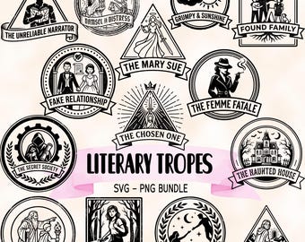 Literaire stijlfiguren stempels logo bundel, boekstijlen sublimatieontwerpen, boekenliefhebber SVG-pakket, grappige gravure-ontwerpen digitale download