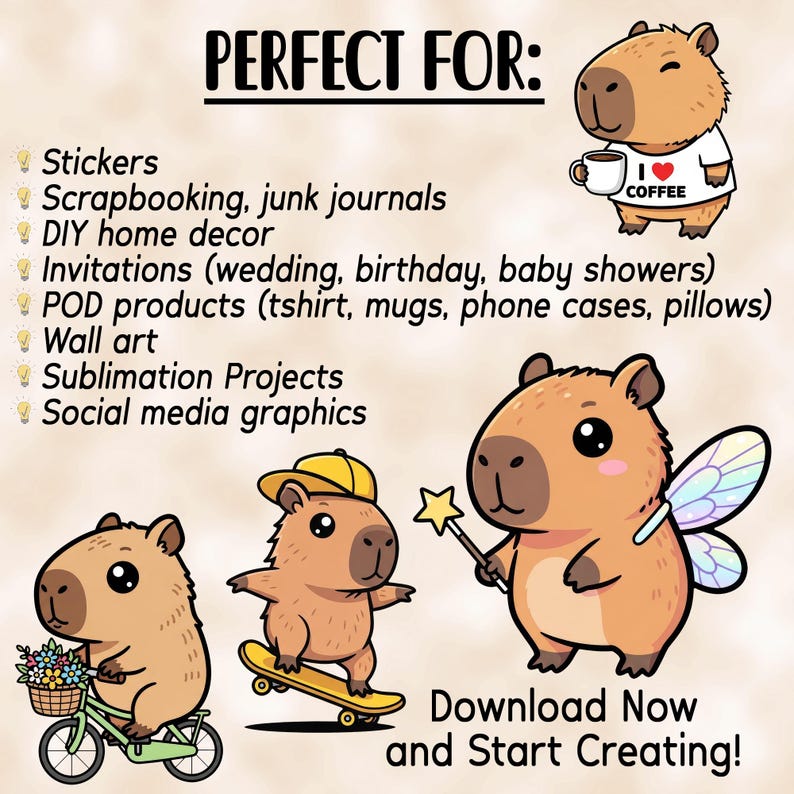 Fun Capybara bundle - Funny and cute Sublimation PNG designs - Cartoon clip art - Capybara sticker pack - Kawaii capybara printables image 7