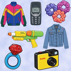 K&ouml;nnte beinhalten: Ein Set aus neun Illustrationen im Stil der 90er Jahre, darunter eine blaue Jeansjacke mit bunten Pins, eine Wasserpistole mit der Aufschrift "Super Soaker", ein roter und blauer Ring mit einem roten Stein, eine gelbe und schwarze Kamera mit der Aufschrift "Kodak", ein rosa, lila und orangefarbenes Haargummi, eine blaue und gelbe Jacke mit einem rosa und gr&uuml;nen Streifen und ein schwarzes Handy mit der Aufschrift "Nokia" mit dem Wort "Menu" auf dem Bildschirm.