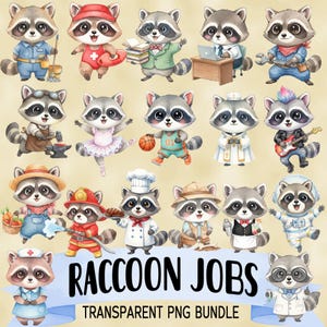 Puede incluir: Una colección de ilustraciones en acuarela que representan mapaches en diversas profesiones. Los mapaches se representan como obreros, médicos, bomberos, chefs y más. También se incluye el texto "RACCOON JOBS" y "TRANSPARENT PNG BUNDLE".