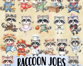 Wasbeer banen aquarel bundel - grappige dieren sublimatie PNG-ontwerpen - kinderkamer clipart - wasbeer sticker pack - kawaii carrière printables