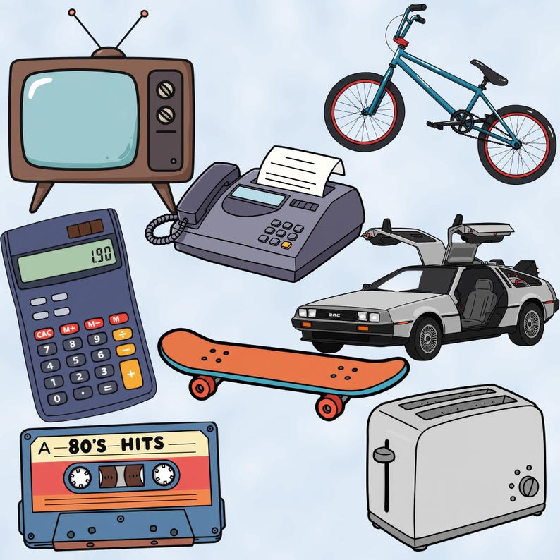 Może przedstawiać: Kolekcja przedmiot&oacute;w z lat 80. XX wieku, w tym: telewizor vintage, kalkulator, kaseta magnetofonowa, deskorolka, toster, faks, rower i DeLorean.
