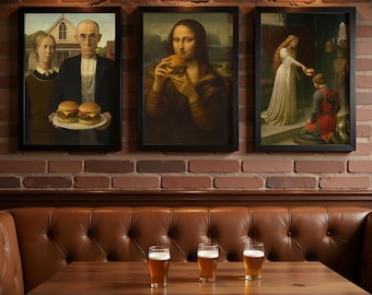 Beroemde schilderijen die hamburger eten, bundel met restaurantmuurkunst - Afdrukbaar hamburgerdecor - Klassieke portretten voor interieur - Keukenmuurkunst