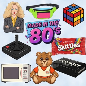 Może przedstawiać: Kolekcja przedmiot&oacute;w z lat 80. XX wieku, w tym kobieta z fryzurą z lat 80., nerka, kostka Rubika, joystick, miś pluszowy, kuchenka mikrofalowa, torebka cukierk&oacute;w Skittles i gra Pictionary.