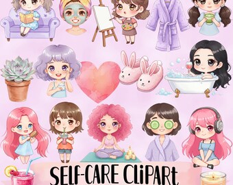 Zelfzorg aquarel clipartbundel - Kawaii vrouw wellness- en ontspanningsactiviteiten png-pakket - yoga, pilates, spadagstickers en decor
