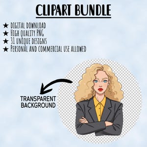 Może przedstawiać: Cyfrowa ilustracja kobiety o kręconych blond włosach, ubrana w szary żakiet i ż&oacute;łtą koszulę. Ma skrzyżowane ramiona i patrzy bezpośrednio na widza. Tło jest przezroczyste.