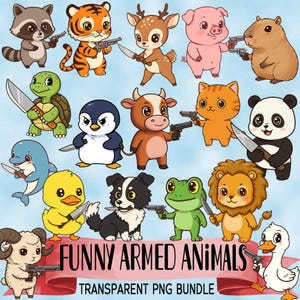 Armed Animals bundle - Funny wildlife Sublimation PNG designs - Cartoon animals with weapons - Funny clipart - Kawaii dangerous animals