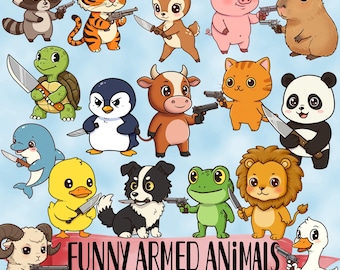 Grappige gewapende dieren, PNG-afbeelding: kawaii cartoon met wapenbundel (digitale download)