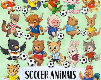 Schattige dieren spelen voetbalbundel - WK voetbal sublimatie png-ontwerpen - cartoon clipart - stickerpakket voetbalmascottes