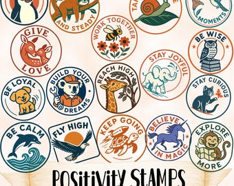 Positiviteitsstempels voor kinderen PNG-bundel, vintage dierenstempelontwerpen, afdrukbare clipart leraar, afdrukbare motiverende stickers,