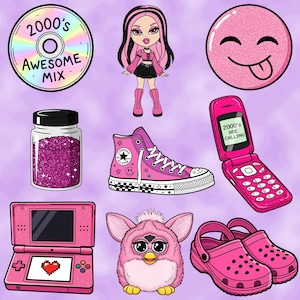 May include: A collection of pink and purple 2000s-themed illustrations. Includes a CD with "2000's Awesome Mix" text, a doll, a glitter jar, a high-top sneaker, a flip phone with "2000's ARE CALLING", a Nintendo DS, a Furby, and a pair of Crocs.