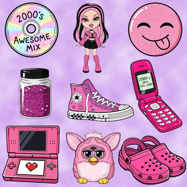 May include: A collection of pink and purple 2000s-themed illustrations. Includes a CD with "2000's Awesome Mix" text, a doll, a glitter jar, a high-top sneaker, a flip phone with "2000's ARE CALLING", a Nintendo DS, a Furby, and a pair of Crocs.