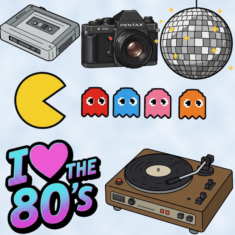 Może przedstawiać: Zbi&oacute;r ikon z lat 80. XX wieku, w tym odtwarzacz kasetowy, aparat fotograficzny, kula dyskotekowa, Pac-Man, duchy, gramofon i serce z napisem "Kocham lata 80.".