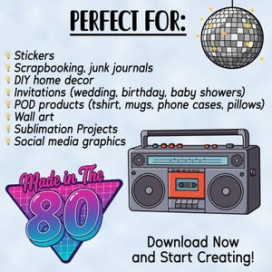 Może przedstawiać: Retrograficzny projekt graficzny z dyskoteką, magnetofonem i tr&oacute;jkątem z tekstem "Made in The 80s". Grafika idealnie nadaje się do tworzenia naklejek, scrapbookingu, dziennik&oacute;w śmieciowych, dekoracji domu DIY, zaproszeń i nie tylko.