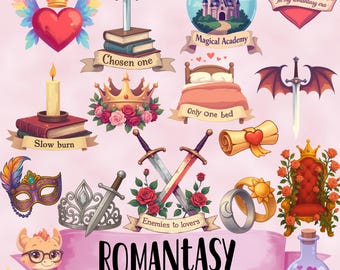 Cute Romantasy Sublimation bundle | Book lovers PNG designs | Fantasy and romance book tropes clipart | Booktok romantasy scrapbooking art
