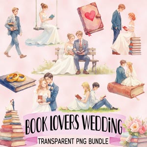 Wedding clip art bundle - Book lovers couple Sublimation PNG designs - Watercolor bride and groom illustrations - Wedding Invitations