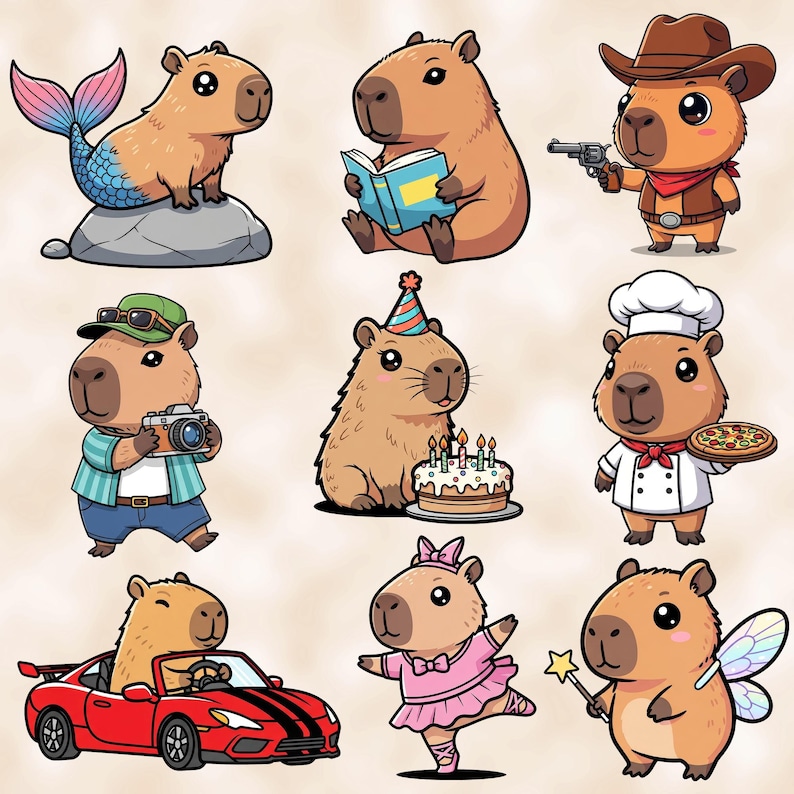 Fun Capybara bundle - Funny and cute Sublimation PNG designs - Cartoon clip art - Capybara sticker pack - Kawaii capybara printables image 3