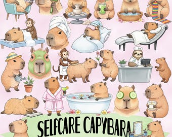 Chill Capybara PNG Clipart Bundle: 48 Self-Care Designs (Digital Download)