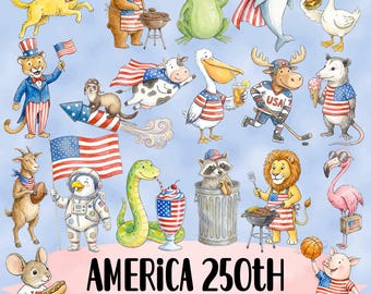 America 250 jubileumbundel, vintage onafhankelijkheidsdag dieren clipart, schattige esthetische Amerikaanse printables, 4 juli png-sticker