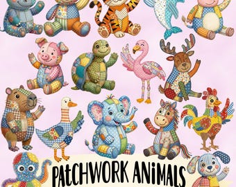 Bundel nep patchwork dieren - schattige sublimatie png-ontwerpen - dieren in het wild png-clipart - trendy stickerpakket - afdrukbare dieren schattige dieren