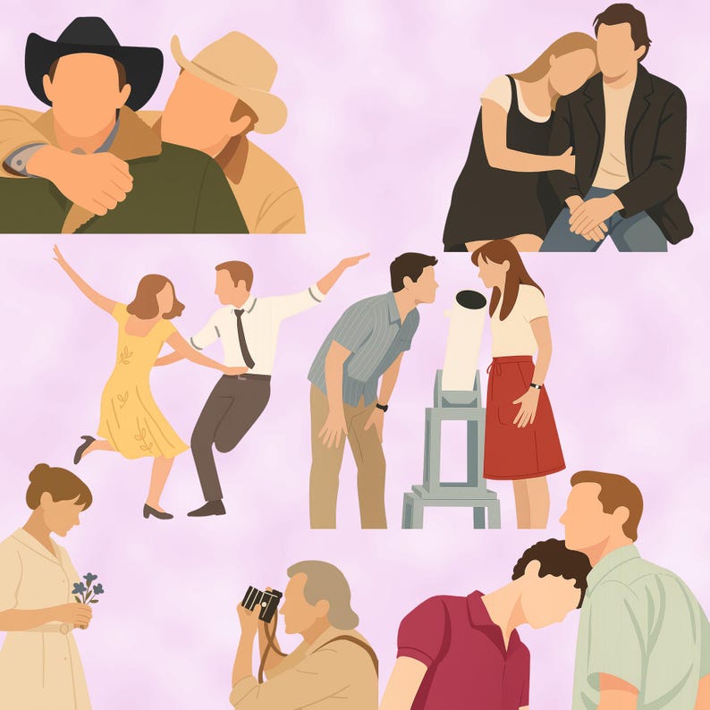 Op de afbeelding: Een digitale illustratie van negen stellen in verschillende poses. De stellen zijn afgebeeld in een cartoon-stijl met eenvoudige kenmerken en felle kleuren. De achtergrond is lichtroze.