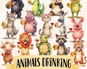 Drinkende dieren-bundel: png-ontwerpen met sublimatie van bar en feest, illustraties van cartoon dieren in het wild, ideeën voor decoratie en uitnodigingen voor Saint Patrick's Day.