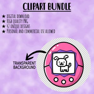 May include: A digital clipart bundle graphic with the text "CLIPART BUNDLE". The image features a pink and purple retro-style digital pet with a pixelated dog design. Additional text includes "DIGITAL DOWNLOAD", "HIGH QUALITY PNG", "42 UNIQUE DESIGNS", and "PERSONAL AND COMMERCIAL USE ALLOWED".
